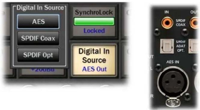 Digital In Source AES SPDIF Coax SPDIF Opt +20dBu SynchroLock Locked Digital In Source AES Out IN SPDIF COAX SPDIF ADAT OPT. AES IN
