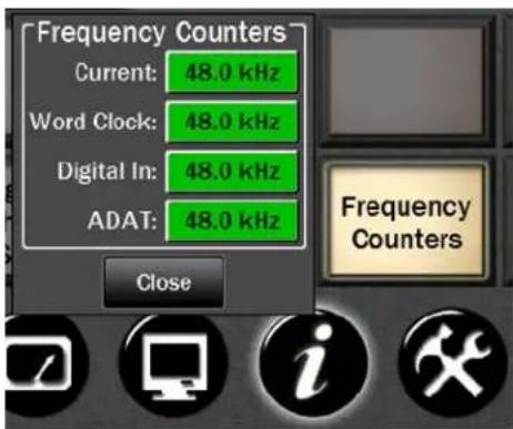 Frequency Counters Current: 48.0 kHz Word Clock: 48.0 kHz Digital In: 48.0 kHz ADAT: 48.0 kHz Frequency Counters Close