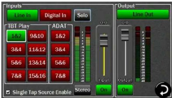 Inputs Line In Digital In Solo TBT Play 1&2 9&10 ADAT 1&2 3&4 11&12 3&4 5&6 13&14 5&6 7&8 15&16 7&8 Single Tap Source Enable ADAT Stereo Output Line Out 0.0 Input On Output On