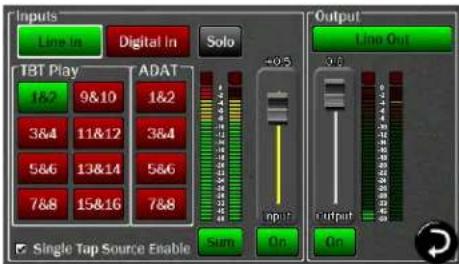 Inputs Line In Digital In Solo TBT Play ADAT 1&2 9&10 1&2 3&4 11&12 3&4 5&6 13&14 5&6 7&8 15&16 7&8 Single Tap Source Enable Sum On Output Output Line Out input output On