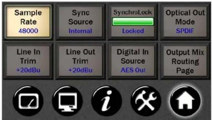 Sample Rate 48000 Sync Source Internal SynchroLock Locked Optical Out Mode SPDIF Line In Trim +20dBu Line Out Trim +20dBu Digital In Source AES Out Output Mix Routing Page