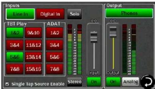 Inputs Line In Digital In Solo TBT Play ADAT 1&2 9&10 1&2 3&4 11&12 3&4 5&6 13&14 5&6 7&8 15&16 7&8 Single Tap Source Enable Stereo On Output Phones Output On Analog