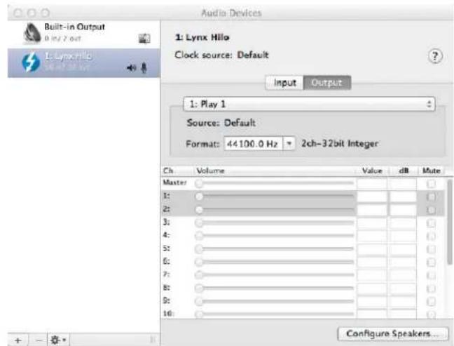 Audio Devices Built-in Output 0 Hz / 2 out Lynx Hilo Clock source: Default Input Output 1: Play 1 Source: Default Format: 44 100.0 Hz ▼ 2ch-32bit Integer Ch Volume Value dB Mute Master 1: 2: 3: 4: 5: 6: 7: 8: 9: 10: Configure Speakers...