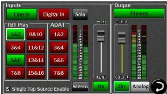Inputs Line In Digital In Solo TBT Play ADAT 1&2 9&10 1&2 3&4 11&12 3&4 5&6 13&14 5&6 7&8 15&16 7&8 +6.0 Stereo On Output Phones <10.0 Output On Analog Single Tap Source Enable