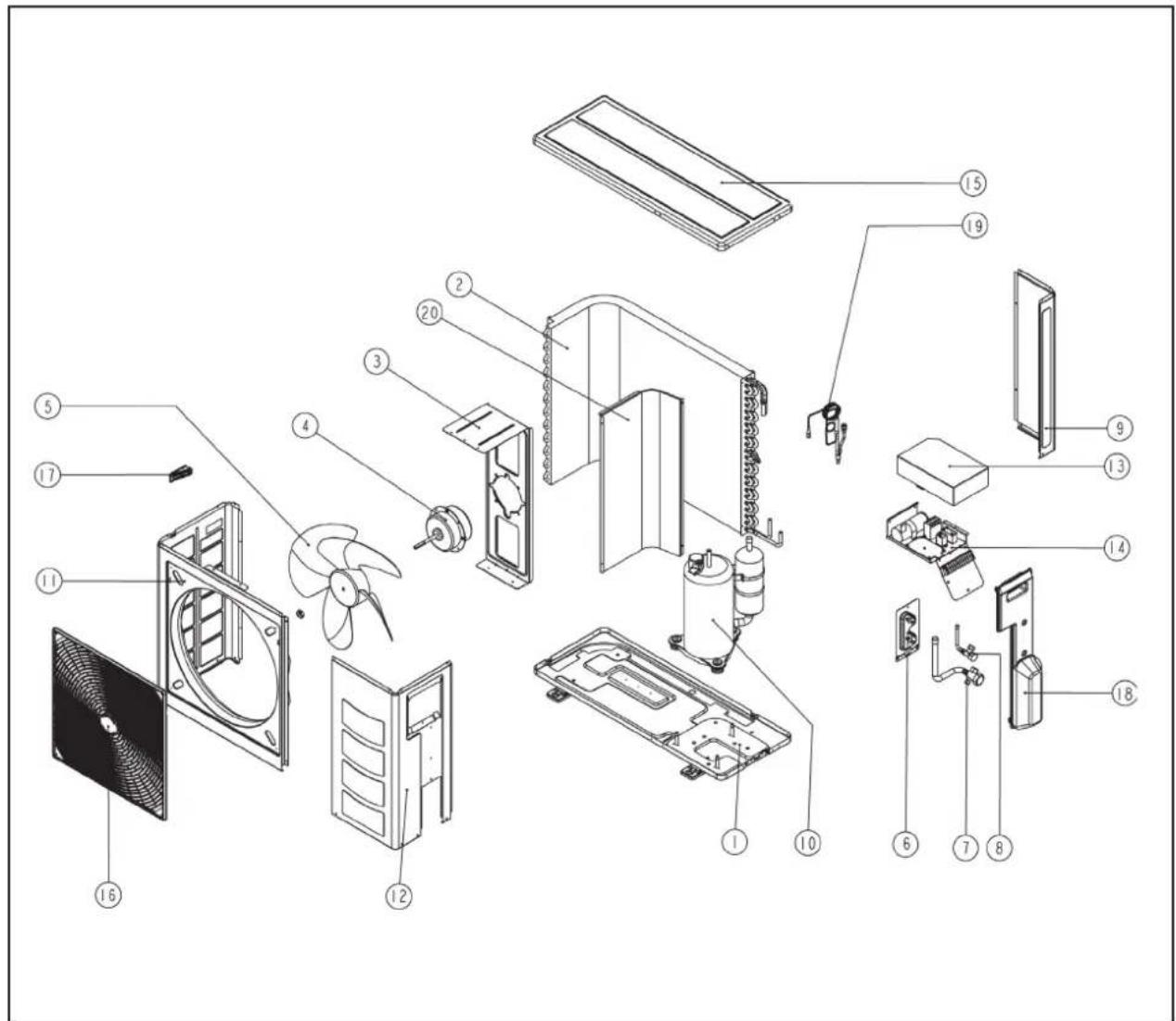 Exploded view diagram of an air conditioner system with numbered components for identification