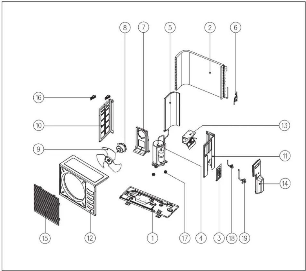 Exploded view diagram of a refrigerator with numbered parts for identification