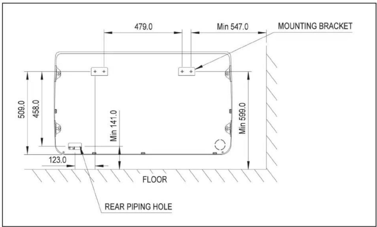479.0 Min 547.0 MOUNTING BRACKET 509.0 458.0 Min 141.0 Min 599.0 123.0 FLOOR REAR PIPING HOLE