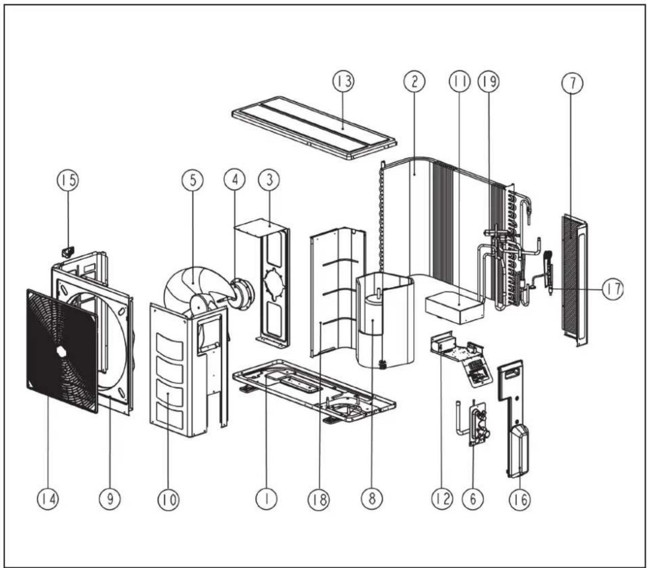 Exploded view diagram of an air conditioning system with numbered components for identification