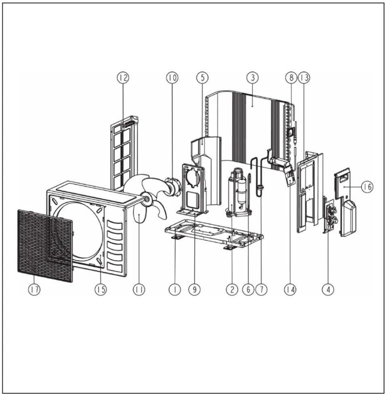 Exploded view diagram of an air conditioning unit with numbered components for identification