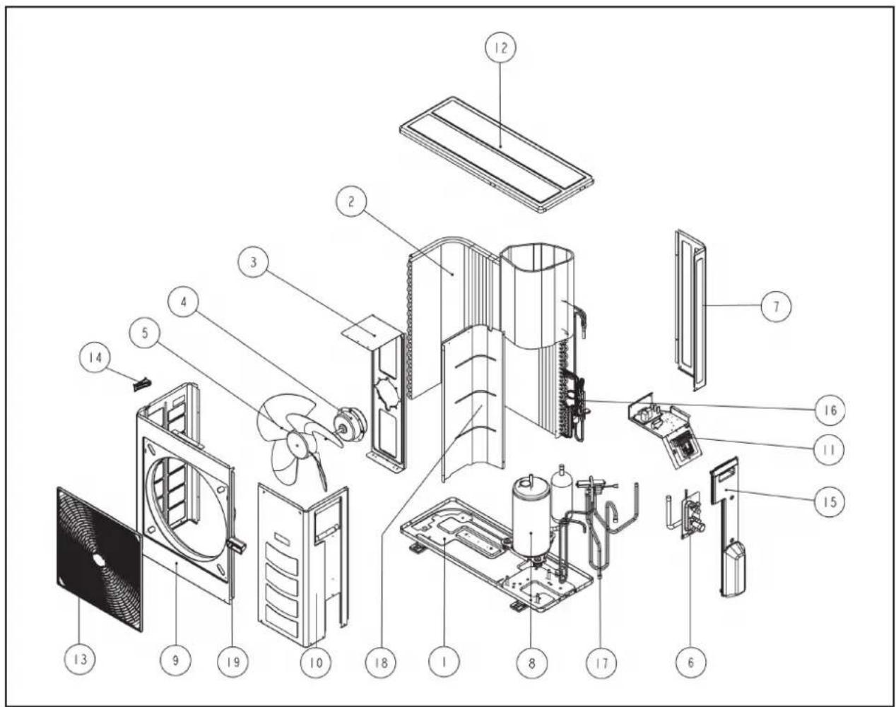 Exploded view diagram of an air conditioning system with numbered components for identification