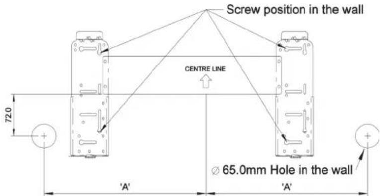 Screw position in the wall CENTRE LINE 72.0 Ø 65.0mm Hole in the wall 'A' 'A'