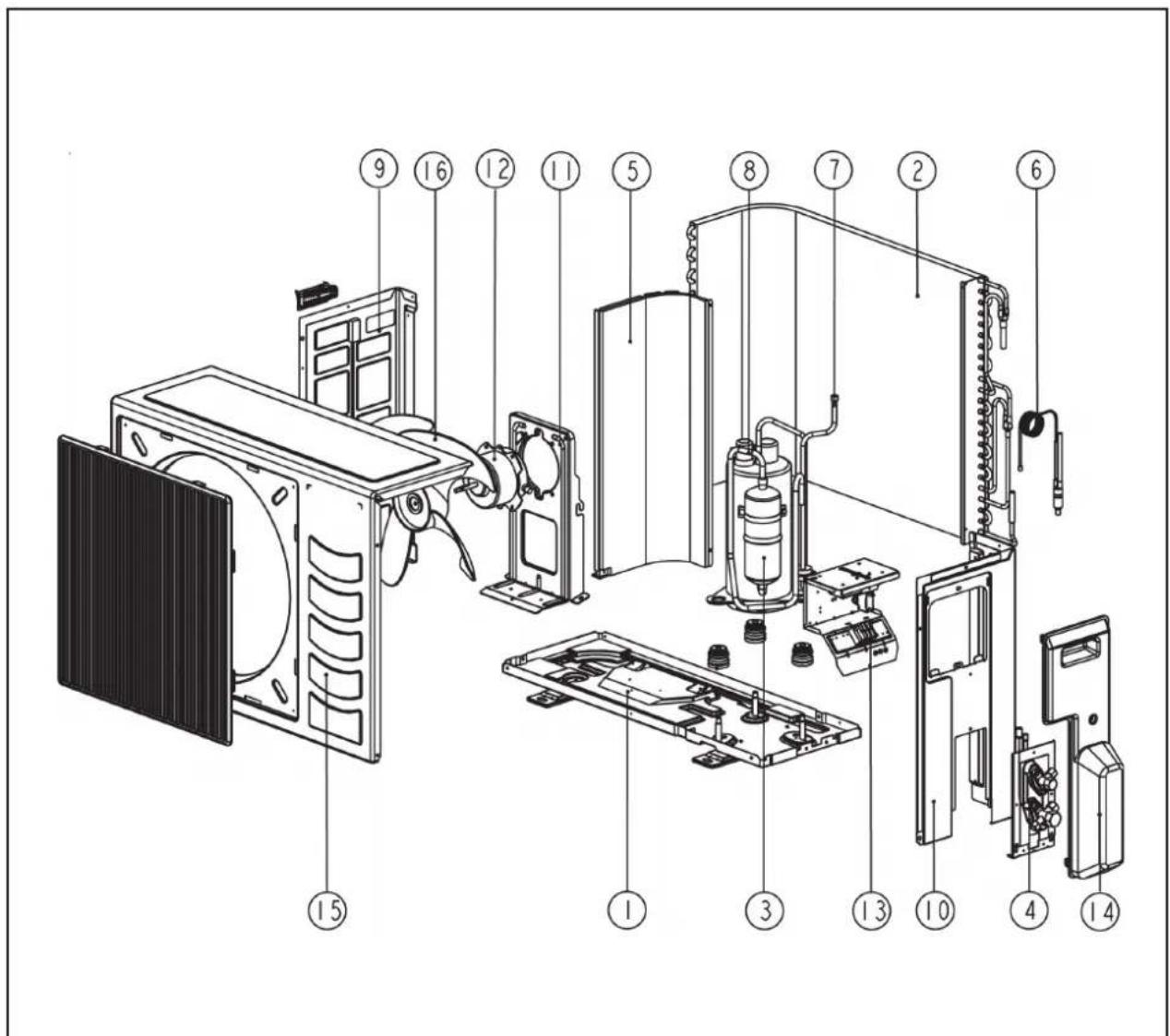 Exploded view diagram of an air conditioner system with numbered components for identification