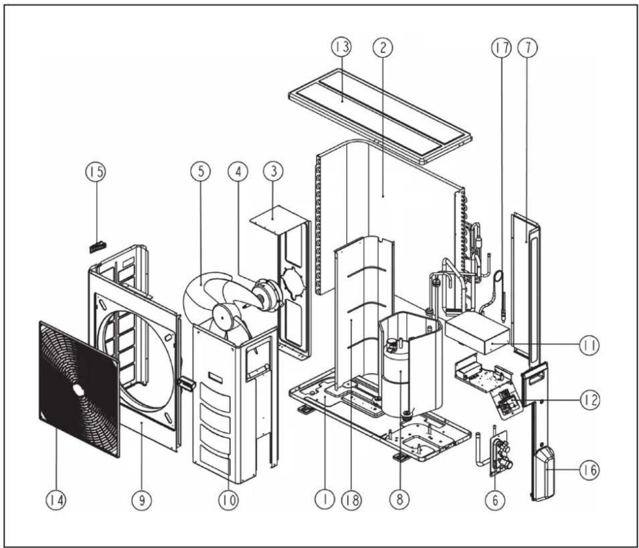 Exploded view diagram of an air conditioner system with numbered components for identification