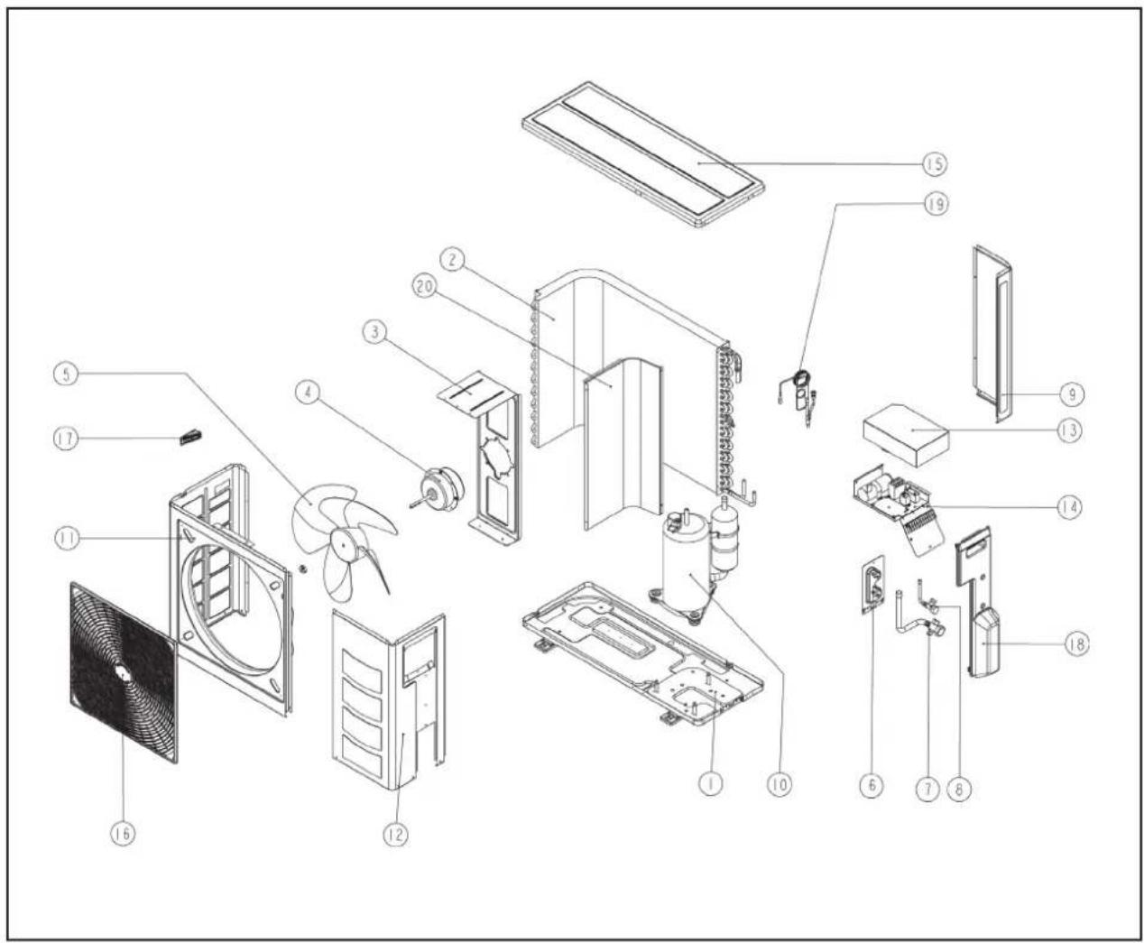 Exploded view diagram of an air conditioning system with numbered components for identification