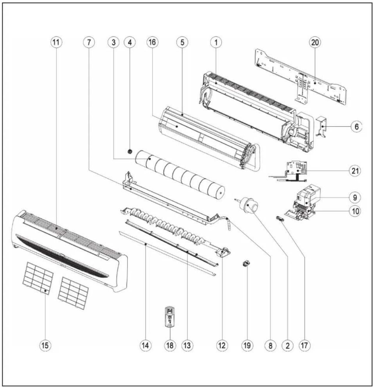 Exploded view diagram of a wall-mounted air conditioner with numbered parts for identification