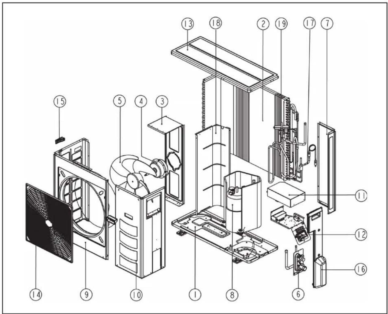 Exploded view diagram of an air conditioning unit with numbered components for identification