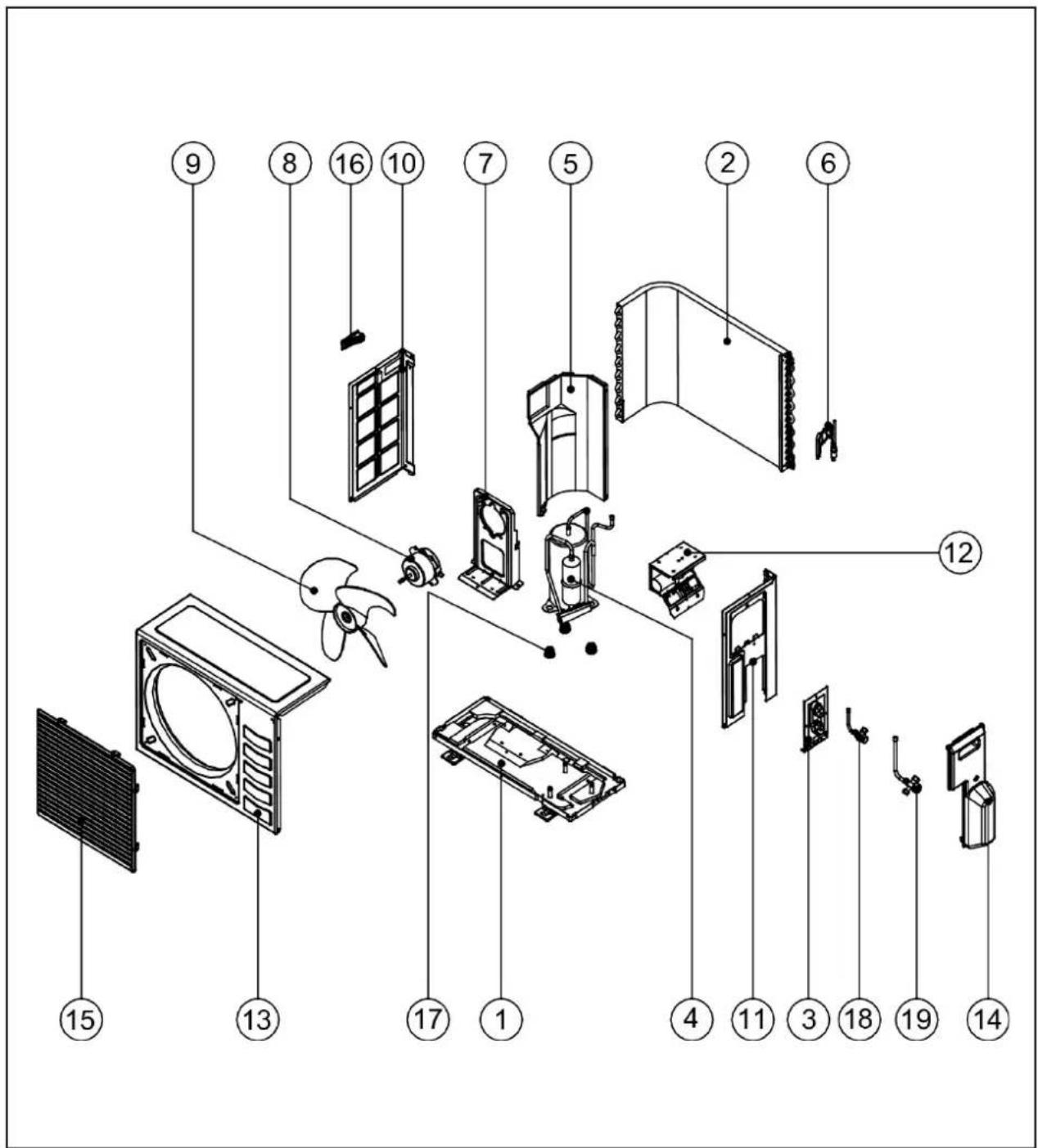 Exploded view diagram of household air conditioner unit with numbered parts for identification
