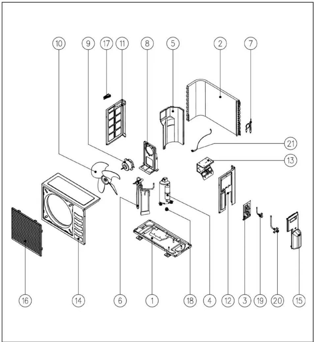Exploded view diagram of household air conditioner unit with numbered parts for identification