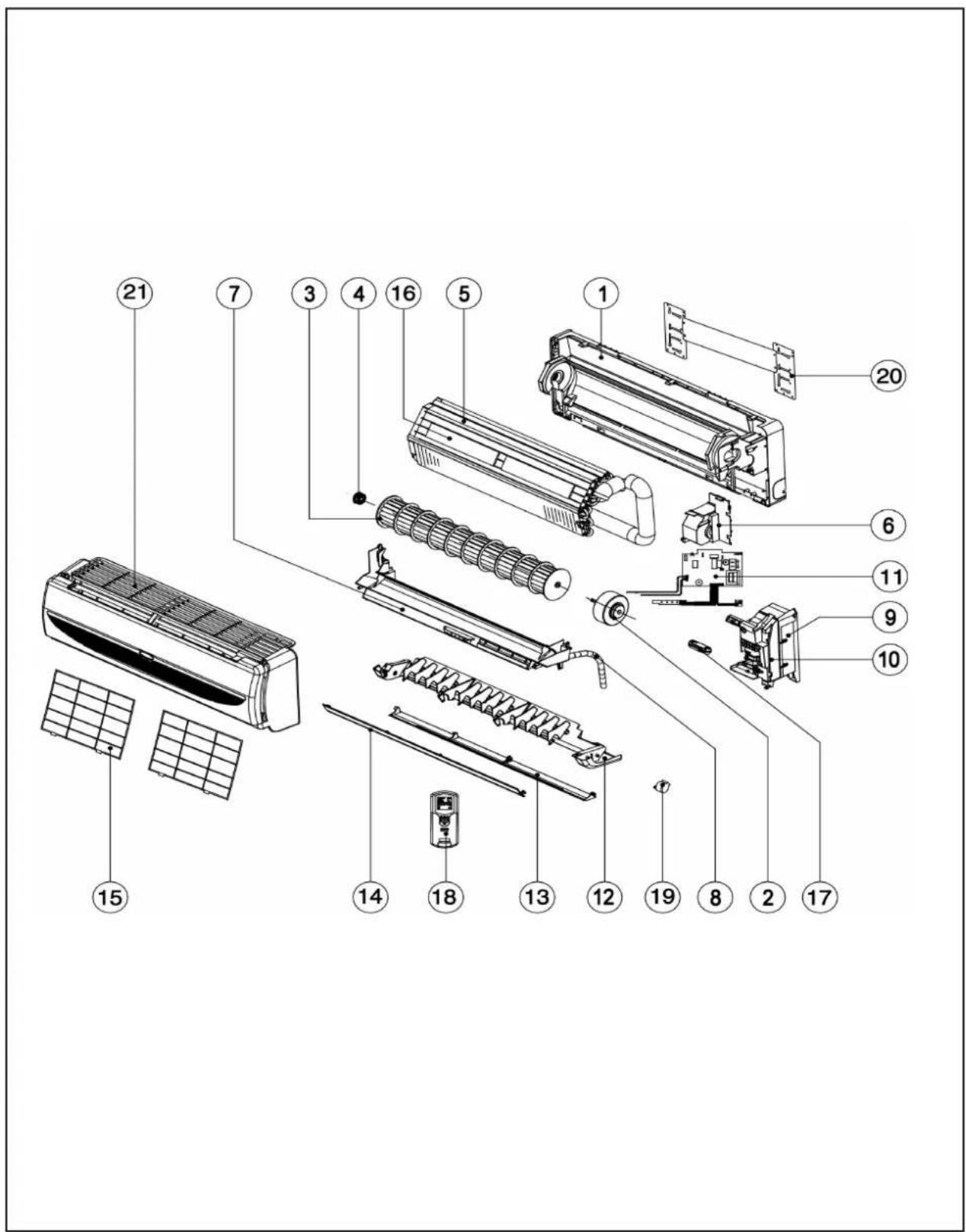 Exploded view diagram of air conditioner components with numbered parts for identification