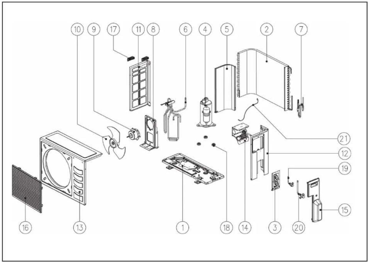 Exploded view diagram of a refrigerator assembly with numbered parts for identification
