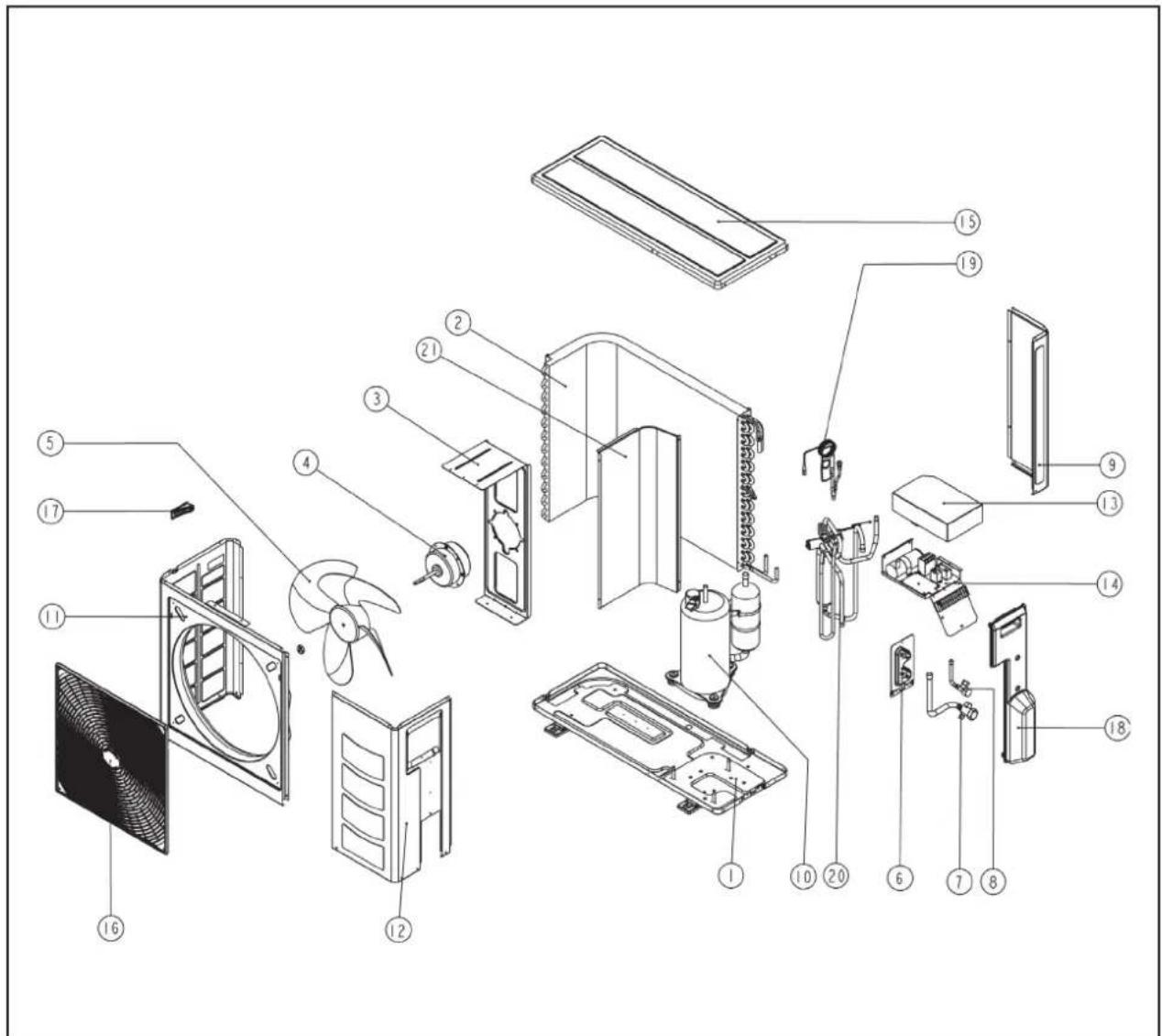 Exploded view diagram of an air conditioning system with numbered components for identification