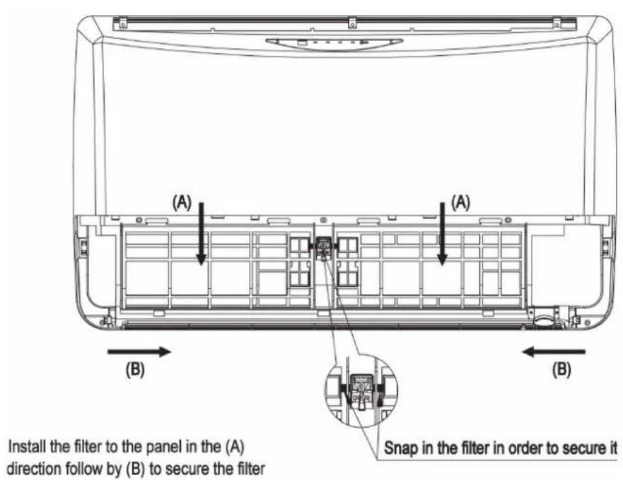 (A) (A) (B) (B) Install the filter to the panel in the (A) direction follow by (B) to secure the filter Snap in the filter in order to secure it