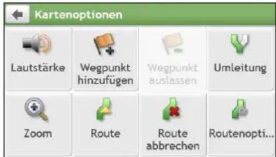 Kartenoptionen Lautstärke Wegpunkt hinzufügen Wegpunkt auslassen Umleitung Zoom Route Route abbrechen Routenopti...