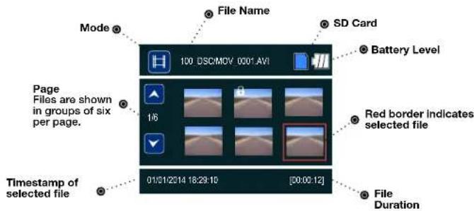Mode File Name SD Card Battery Level Page Files are shown in groups of six per page. 1/6 Red border indicates selected file Timestamp of selected file 01/31/2014 18:29:10 [00:00:12] File Duration