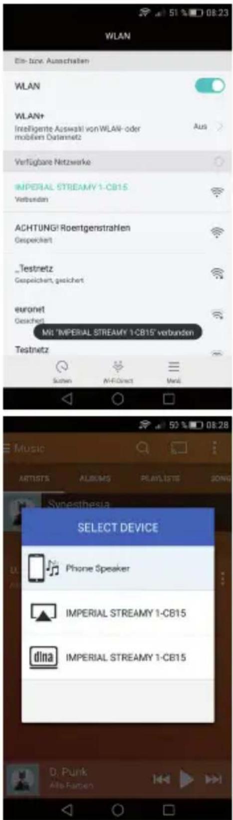 WLAN Eis- tove. Ausachalten WLAN WLAN+ Intelligente Auswahl vonWLAN- oder mobiliern Datennetz Aus Verfügbare Netzwerke IMPERIAL STREAMY 1-CB15 Verbunden ACHTUNG! Roentgenstrahlen Gespeichert Testnetz Gespeichert, gesichert euronet Gesichet Mit 'IMPERIAL STREAMY 1-CB15' verbunden Testnetz Sassen M-F-Direct Mail Music ARTISTS ALBUMS PLAYLISTE SONG Synesthesia SELECT DEVICE Phone Speaker IMPERIAL STREAMY 1-CB15 dlna IMPERIAL STREAMY 1-CB15 D, Punk Alfa Fanden