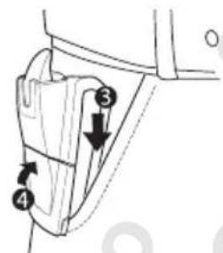 Technical diagram showing a mechanical component with numbered parts and directional arrows indicating motion or assembly.