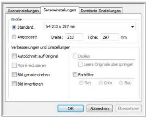 Scaninstellungen Seiteinstellungen Erweiterte Einstellungen Größe Standard: A4 2:10 x 297 mm Angepasst: Breite: 210 Höhe: 297 mm Verbesserungen und Einstellungen AutoSchnitt auf Original Moiré reduzieren Bild gerade drehen Bild invertieren Duplex Leere Originale überspringen Farbfilter Rot Grün Blau OK Abbrechen Ubemehmen