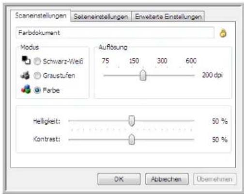 Scanenstellungen Seteneinstellungen Erweiterte Einstellungen Farbodokument Modus Schwarz-Weiß Graustufen Farbe Auflösung 75 150 300 600 200 dpi Helligkeit: 50 % Kontrast: 50 % OK Abbiechen Obemehmen