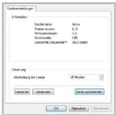 Gertierestellungen Information Gerätenumsatz: Xerox Treiberverpass: 0,0 Firmwareversion: 1.0 Schrittstelle: USD Gesamnte Dokumente® 3501 Sellen Strukturung Abchaltung der Lampe 15 Minuten Lampen ein Lampe aus Geral zurücksetzen OK Abbrischen Übernehmen