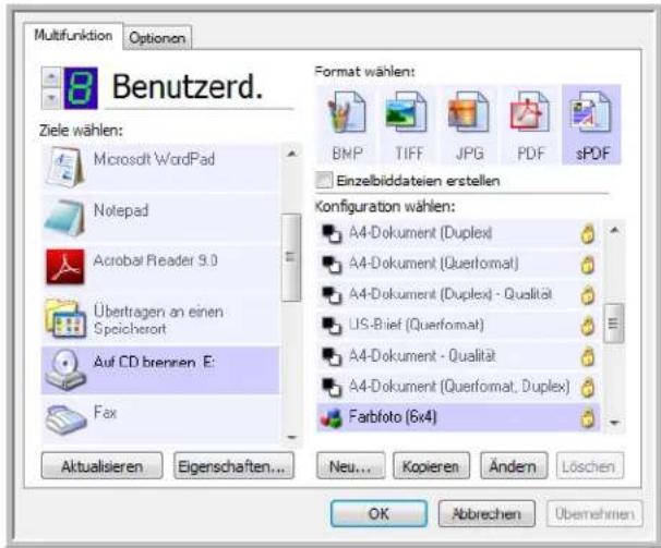 Multifunktion Optionen Benutzerd. Ziele wählen: Microsoft WordPad Notepad Acrobat Reader 9.0 Übertragen an einen Speicherort Auf CD brennen E: Fax Aktualisieren Eigenschaften... Format wählen: BMP TIFF JPG PDF sPDF Einzelbiddateien erstellen Konfiguration wählen: A4-Dokument (Duplex) A4-Dokument (Querformat) A4-Dokument (Duplex) - Qualität US-Brief (Querformat) A4-Dokument - Qualität A4-Dokument (Querformat, Duplex) Farbfoto (6x4) Neu... Kopieren Ändern Löschen OK Abbrechen Überehen
