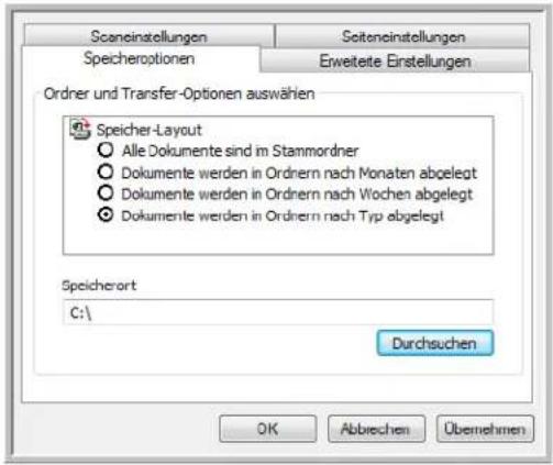 Sceneinstellungen Speicheroptionen Erweitete Einstellungen Ordner und Transfer-Optionen auswählen Speicher-Layout Alle Dokumente sind im Stammordner Dokumente werden in Ordnern nach Monaten abgelegt Dokumente werden in Ordnern nach Wochen abgelegt Dokumente werden in Ordnern nach Typ abgelegt Speicherort C:\ Durchsuchen OK Abbrechen Übernehmen