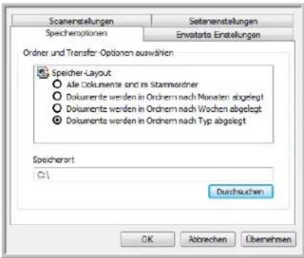 Scanenstellungen Satanenstellungen Speicheroptionen Erwarterte Einstellungen Ordner und Transfer Optionen auswählen Speicher-Layout • Alle Dokumente sind im Stammordner • Dokumente werden in Ordnern nach Monaten abgelegt • Dokumente werden in Ordnern nach Wochen abgelegt • Dokumente werden in Ordnern nach Typ abgelegt Speicherort C:\ Durchsuchen OK Abzenechen Übernehmen