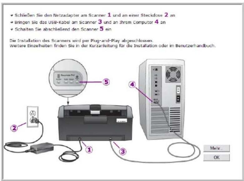 Schließen Sie den Netzadapter am Scanner 1 und an einer Steckdose 2 an Bringen Sie das USB-Kabel am Scanner 3 und an Ihrem Computer 4 an Schalten Sie abschließend den Scanner 5 ein Die Installation des Scanners wird per Plug-and-Play abgeschlossen. Weitere Einzelheiten finden Sie in der Kurzanleitung für die Installation oder im Benutzerhandbuch. ① ② ③ ④ ⑤ Mehr... OK