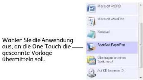 Wählen Sie die Anwendung aus, an die One Touch die gescannte Vorlage übermitteln soll.
