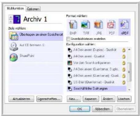 Multifunktion Options 7 Archiv 1 Zulu wählen: Überlagen an einen Spichekort Auf CD Memner, E SharePoint Format wählen: BMP TIFF JPG PDF nPDF Einzelbildaten erstellen Configuration wählen: A4-Dokument (Duplex) - Qualität A4-Dokument - Qualität Vor dem Spanikunfigureren A4-Dokument (Quarkornat. Triple) A4-Dokument (Quarkornat) - Qualität US Biel (Quarkornat) - Qualität Geschäftliche Guhungen Actualisierten Eigenschaften... Neu... Kopieren Ändem Löschen OK Abbrachen Übernehmen
