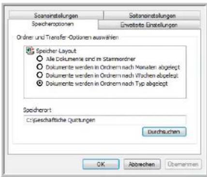 Soaninstellungen Speicheroptionen Sotansinstellungen Erweitere Einstellungen Ordner und Transfer-Optionen auswahlen Speicher Layout Alle Dokumente sind im Stammordner Dokumente werden in Ordnern nach Monaten abgelegt Dokumente werden in Ordnern nach Wochen abgelegt Dokumente werden in Ordnern nach Typ abgelegt Speicherart C:\geschaffliche Quittungen Durchsuchen OK Abrechen Obemessen