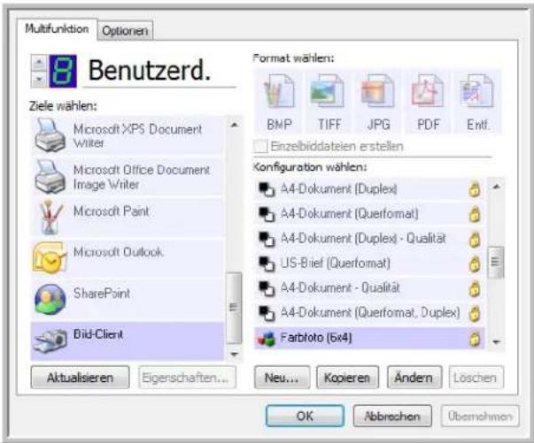 Multifunktion Optionen 8 Benutzerd. Ziele wählen: Microsoft XPS Document Writer Microsoft Office Document Image Writer Microsoft Paint Microsoft Outlook SharePoint Bid-Client Aktualisieren Eigenschaften... Format wählen: BMP TIFF JPG PDF Entf. Einzelbiddateien erstellen Configuration wählen: A4-Dokument (Duplex) A4-Dokument (Querformat) A4-Dokument (Duplex) - Qualität US-Biel (Querformat) A4-Dokument - Qualität A4-Dokument (Querformat, Duplex) Farbloto (5x4) Neu... Kopieren Ändern Löschen OK Abbrechen Übernehmen