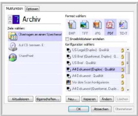Multifunktion Optionen Archiv Ziele wählen: Übetragen an einen Speichener! Auf CD beernen: E: SharePoint Format wählen: DMP TIFF JPG PDF TEXT Enzelbildateier erstellen Korfiguration wählen: US-Legal (Duplex) - Qualität US-Bref (Quaformat, Duplex) Q... US-Bref - Qualität: A4 Dokument (Duplex) - Qualität A4 Dokument - Qualität Voi den Scan korfigurieren A4 Dokument (Quaformat, Duplex... Aktualisierten Eigenschaften... Neu... Kapieren Ändern Löschen OK Abbrevchen Übernehmen