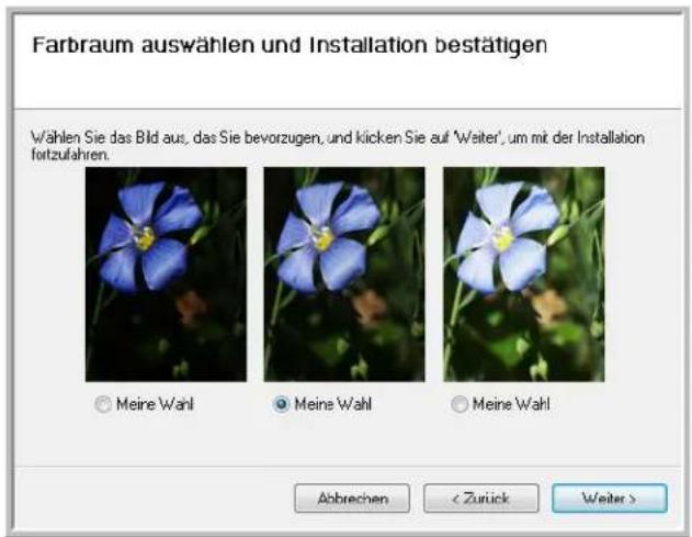 Farbraum auswählen und Installation bestätigen Wählen Sie das Bild aus, das Sie bevorzugen, und klicken Sie auf 'Weiter', um mit der Installation fortzufahren. ○ Meine Wahl ○ Meine Wahl ○ Meine Wahl Abbrechen