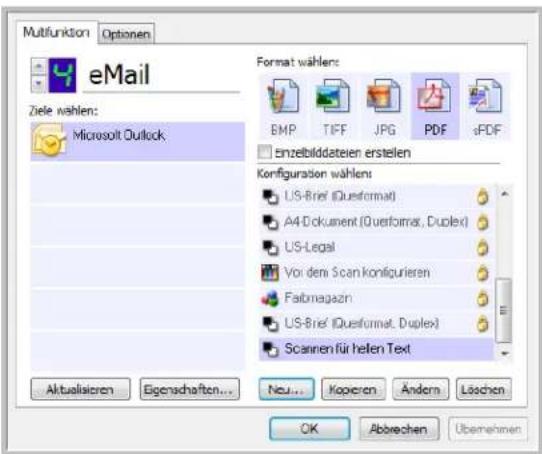 Multifunktion Optionen eMail Ziele wählen: Microsoft Outlook Format wählen: BMP TIFF JPG PDF ePDF einzelbildsteien erstellen Konfiguration wählen: US-Brief (Qualformat) A4-Dokument (Qualformat, Duplex) US-Legal Vor den Scan konfigurieren Fairmagazn US-Brief (Qualformat, Duplex) Scannen für hefen Text Aktualisieren Eigenschaften... Neu... Koperen Ändern Löschen OK Abbrechen Übernehmen