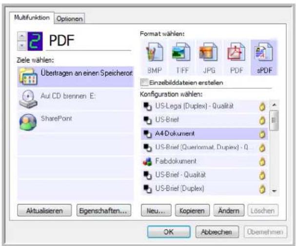Multifunktion Optionen PDF Ziele wählen: Übertragen an einen Speicherort AuI CD brennen E: SharePoint Aktualisieren Eigenschaften... Format wählen: 8MP TIFF JPG PDF sPDF Einzelbilddateien erstellen Konfiguration wählen: US-Legai (Duplex) - Qualität US-Brief A4-Dokument US-Brief (Querlormat, Duplex) - Q Fabdokument US-Brief - Qualität US-Brief (Duplex) Neu... Kopieren Ändern Löschen OK Abbrechen Obernehmen