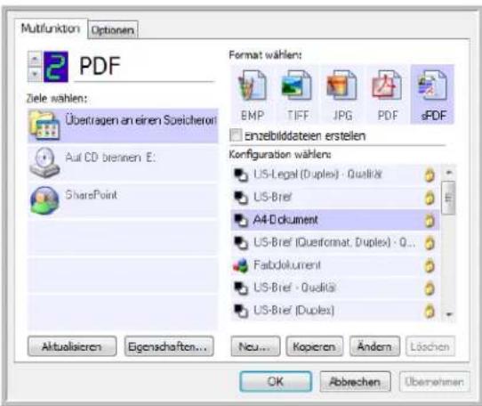 Multifunktion Optionen PDF Ziele wählen: Übertragen an einen Suecherori Auf CD bereinen E: SharePoint Format wählen: BMP TIFF JPG PDF ePDF einzelbildsteien erstellen Konfiguration wählen: US-Legal (Duplex) - Qualità US-Brief A4-Dokument US-Brief (Querformat, Duplex) - Q... Fabdokument US-Brief - Qualità US-Brief (Duplex) Aktualisieren Eigenschaften... Neu... Kopieren Ändern Löschen OK Abbrechen Übernahmen