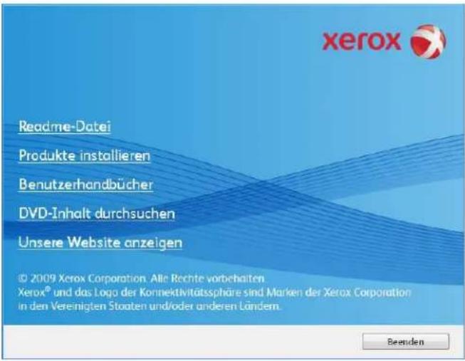 xerox Readme-Datei Produkte installieren Benutzerhandbücher DVD-Inhalt durchsuchen Unsere Website anzeigen © 2009 Xerox Corporation. Alle Rechte vorbehalten Xerox® und das Logo der Konnektivitätssphäre sind Marken der Xerox Corporation in den Vereinigten Staaten und/oder anderen Ländern. Beenden
