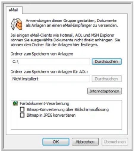 eMail Anwendungen dieser Gruppe gestatten, Dokumente als Anlagen an einen eMail-Empfänger zu versenden. Bei einigen eMail-Clients wie Hotmail, AOL und MSN Explorer können Sie ausgewählte Dokumente nicht direkt anhängen. Sie können den Ordner für die Anlagen hier festlegen. Ordner zum Speichern von Anlagen: C:\ Durchsuchen Ordner zum Speichern von Anlagen für AOL: Nicht installiert Durchsuchen Internetoptionen Farbdokument-Verarbeitung Bitmap-Konverterung über Bildschirmauflösung Bitmap in JPEG konverteren OK Abbrechen Übemehmen