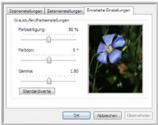 Scananstellungen Satananstellungen Erweiterte Einstellungen Graustufen/Farbeinstellungen Farbssättigung: 50 % Farbton: 0 ° Gamma: 1.30 Standardwerte OK Abbrechen Übernehmen