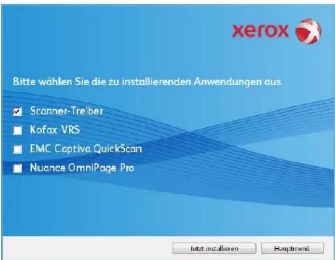 xerox Bitte wählen Sie die zu installierenden Anwendungen aus. Scanner-Treiber Kofax VRS EMC Captiva QuickScan Nuance OmniPage Pro Jetzt installieren Hauptmenü